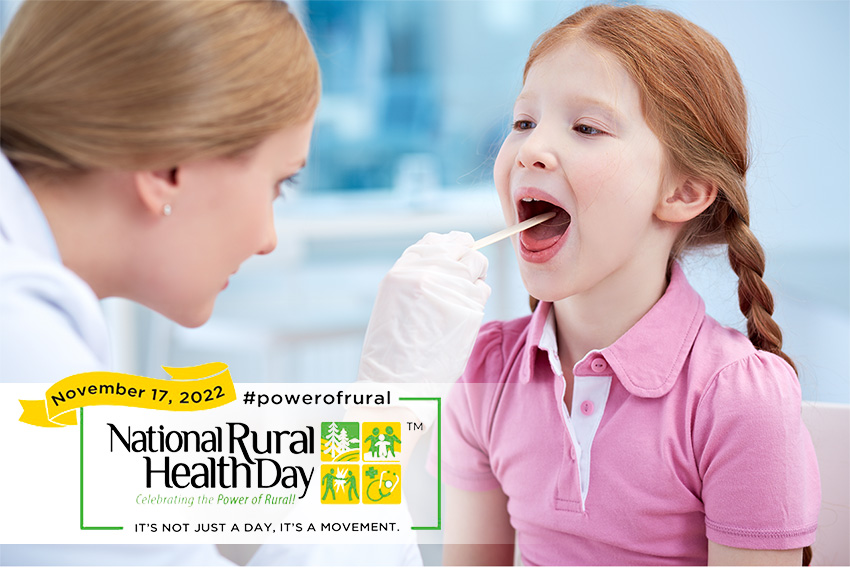 Doctor with young female patient and the Rural Health Day 2022 logo