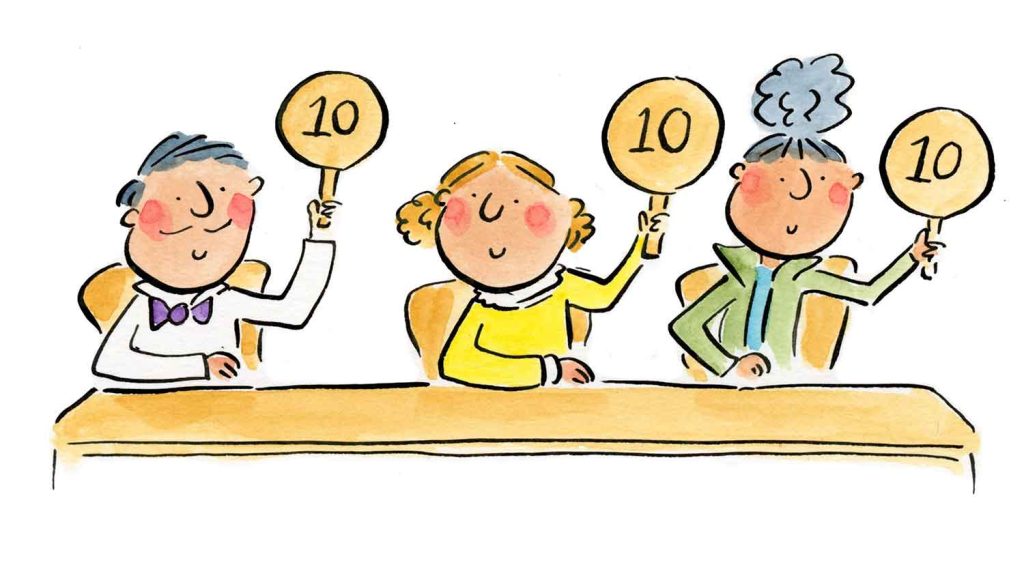 Cartoon of kids raising paddles with the number 10 on each